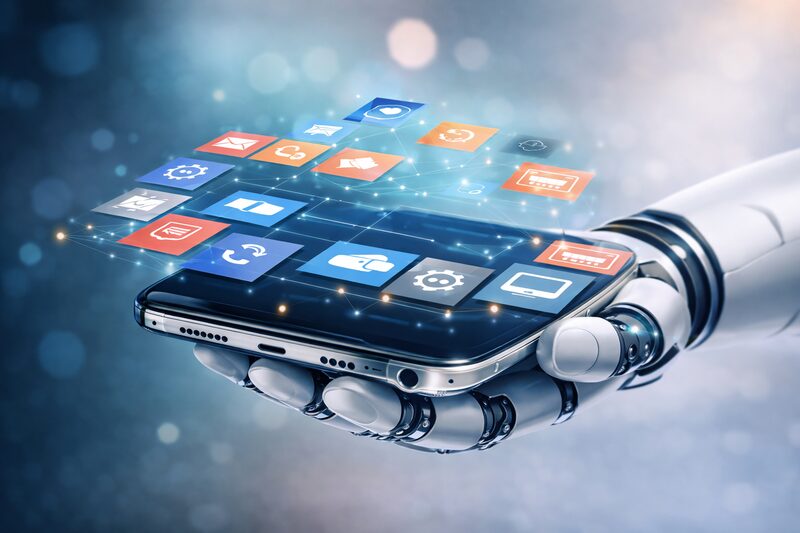 Roboterhand mit Smartphone und Apps